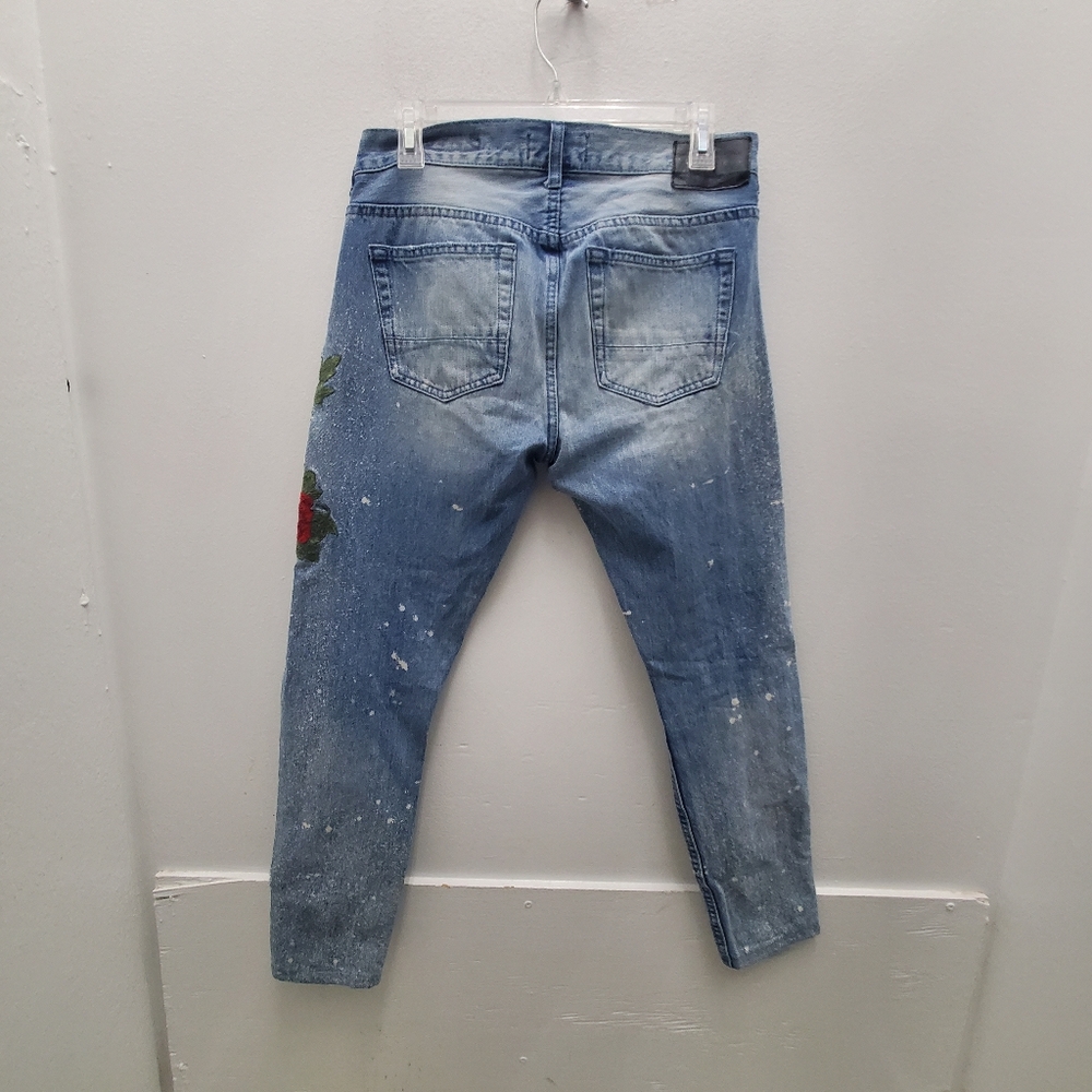 Pac Sun Embroidered Patches Paint Bleach Distressed Jeans /Unisex - Picture 2 of 9